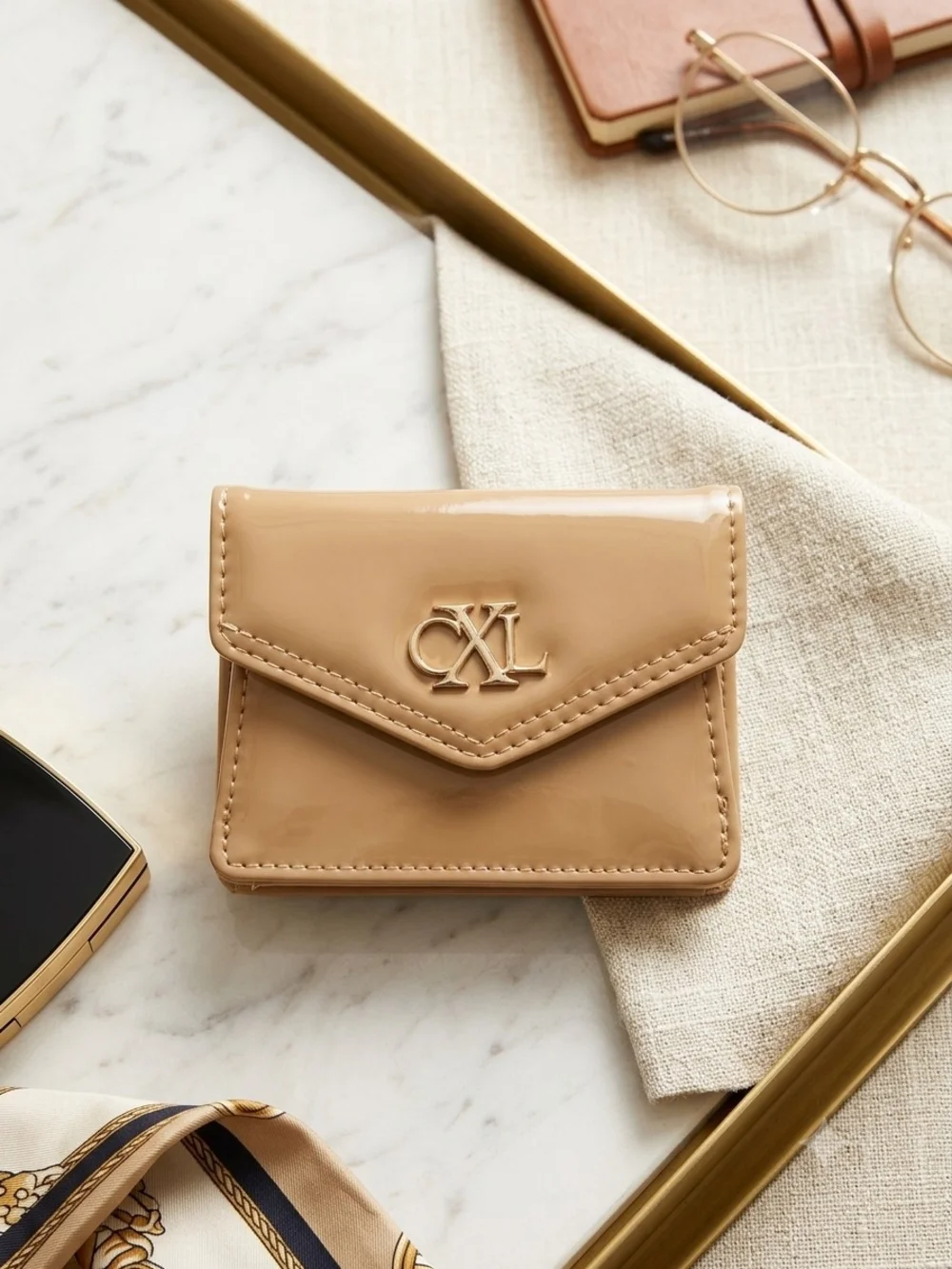Christian Lacroix Beige Patent Mini Wallet with Gold Logo Accent